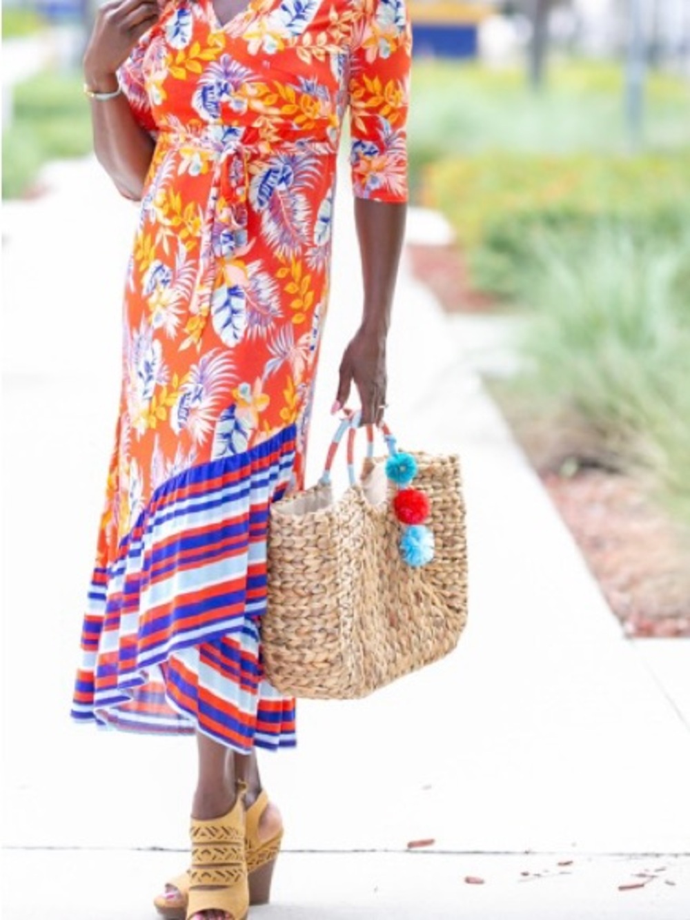 Mlle Gabrielle Orange Floral Wrap High-Low Dress with Blue Stripe Hem